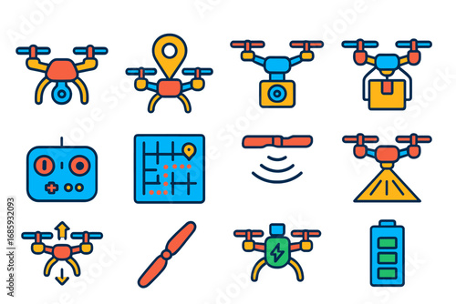 Flat Drone Icons. Flat vector icons of drone robotics: quadcopter drone, GPS drone, camera drone, delivery drone, drone controller