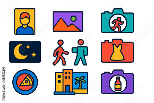 Photography Icon Set. Flat vector icons of photography types: portrait mode, landscape shot, macro photography, sports capture,