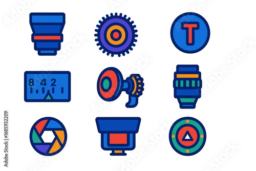 Cinema Lens Icons. Flat vector icons of professional cinema lenses: cine prime lens, geared focus ring, T-stop indicator, focus
