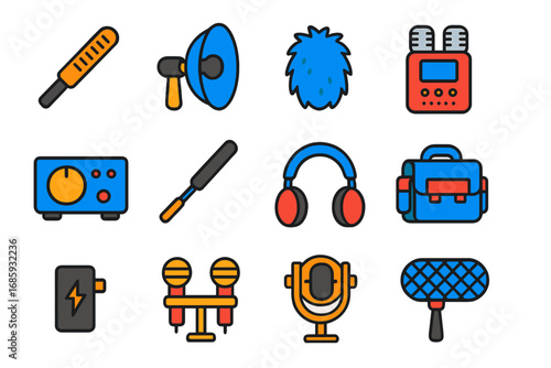Field Recording Tools. Flat vector icons of field recording microphones: shotgun mic, parabolic mic, wind cover, portable recorder
