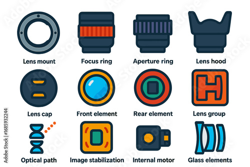 Colorful Lens Icons. Flat vector icons of lens parts and structure: lens mount, focus ring, aperture ring, lens hood, lens cap,