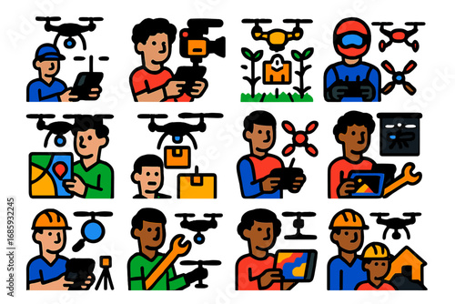 Drone Careers Icons. Flat vector icons of drone careers and jobs: drone pilot, drone cinematographer, agricultural drone tech,
