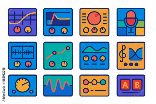 Microphone Software Icons. Flat vector icons of microphone-related software: EQ curve window, noise gate interface, compressor
