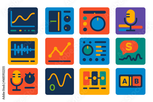 Microphone Software Icons. Flat vector icons of lavalier microphones: clip-on mic, windscreen-covered lav, dual lav setup, mic