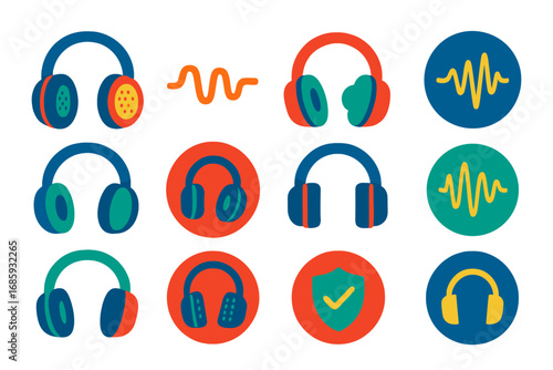Headphone Icon Set. Flat vector icons of open vs closed headphones: open-back earcup, sound leakage icon, airy listening symbol,