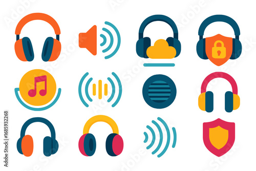Headphone Icon Set. Flat vector icons of open vs closed headphones: open-back earcup, sound leakage icon, airy listening symbol,