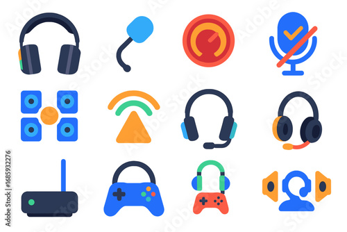 Gaming Headset Icons. Flat vector icons of gaming headphones: RGB headset, detachable mic, volume dial, mic mute switch, surround