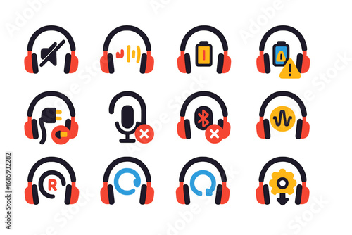 Headphone Troubleshooting Icons. Flat vector icons of headphone troubleshooting: no sound icon, audio dropouts, low battery alert,