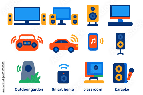 Speaker Icons Showcase. Flat vector icons of speaker use scenarios: home theater setup, computer speakers, music studio monitors,