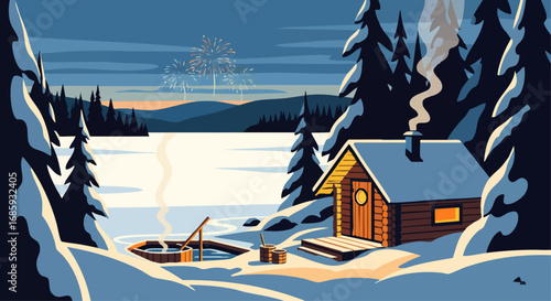 New Year's Sauna by a Frozen Finnish Lake