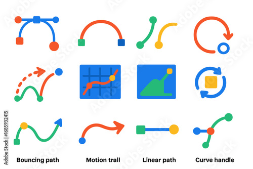 Dynamic Motion Paths. Flat vector icons of motion paths and curves: bezier path icon, arc of motion, easing curve, loop path,