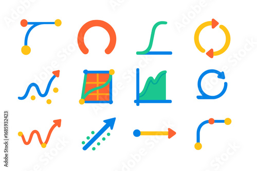 Dynamic Motion Paths. Flat vector icons of motion paths and curves: bezier path icon, arc of motion, easing curve, loop path,