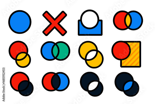 Flat Blend Mode Icons. Flat vector icons of Photoshop blending modes: normal mode, multiply icon, screen icon, overlay icon, soft