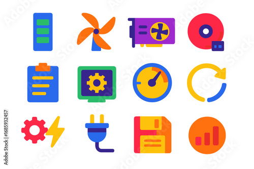 Photoshop Performance Icons. Flat vector icons of Photoshop performance settings: memory usage, cache settings, GPU acceleration