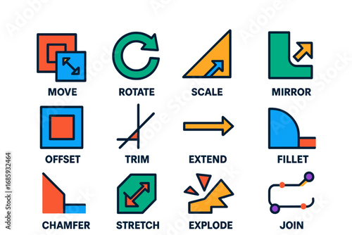 Bright CAD Tool Icons. Flat vector icons of CAD modification tools: move tool, rotate tool, scale icon, mirror tool, offset icon,