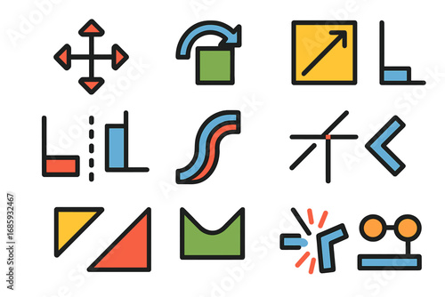Bright CAD Tool Icons. Flat vector icons of CAD modification tools: move tool, rotate tool, scale icon, mirror tool, offset icon,