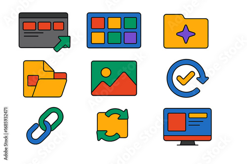 Icon Design Essentials. Flat vector icons of Illustrator asset management: asset export panel, asset library, reusable components,