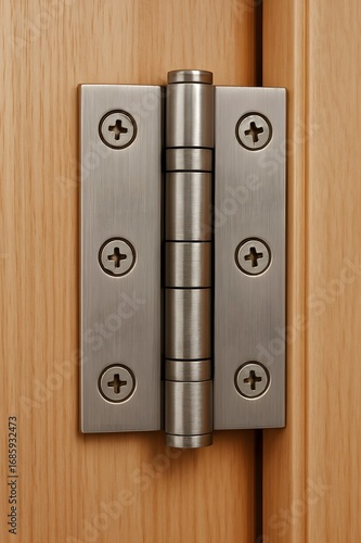 stainless steel door hinge on wooden frame close-up