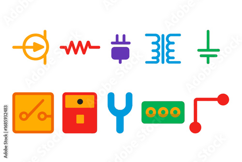 Electrical CAD Icons. Flat vector icons of electrical CAD elements: circuit symbol, resistor icon, capacitor icon, transformer