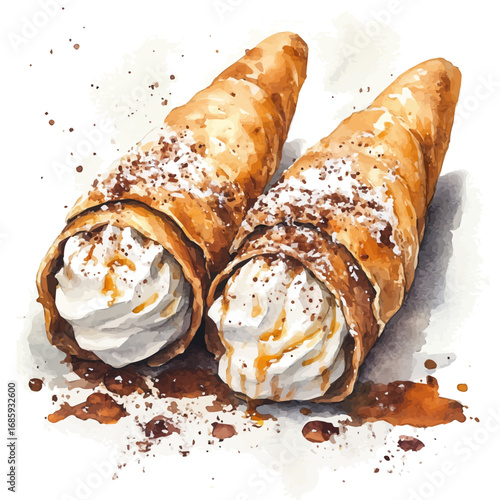Cannoli, watercolor painting vector, isolated on a white background.