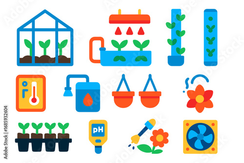 Greenhouse Farming Icons. Flat vector icons of greenhouse farming: glass greenhouse, hydroponic system, grow lights, vertical