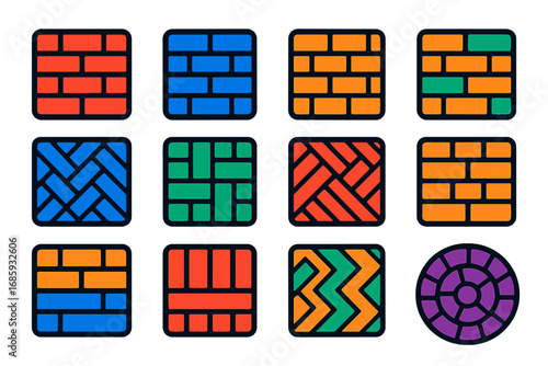 Bright Masonry Patterns. Flat vector icons of masonry patterns: running bond, stack bond, Flemish bond, English bond, herringbone