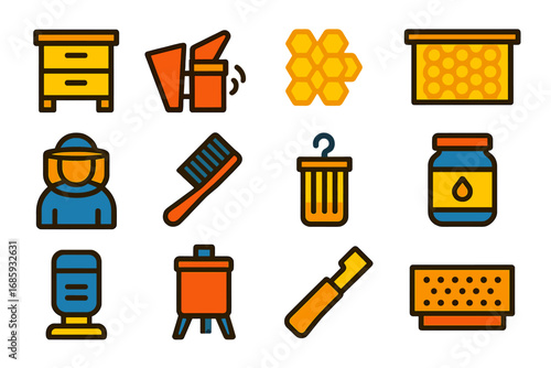 Beekeeping Essentials Icons. Flat vector icons of beekeeping: beehive, smoker, honeycomb, bee frame, beekeeper suit, bee brush,