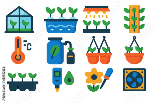Greenhouse Farming Icons. Flat vector icons of greenhouse farming: glass greenhouse, hydroponic system, grow lights, vertical