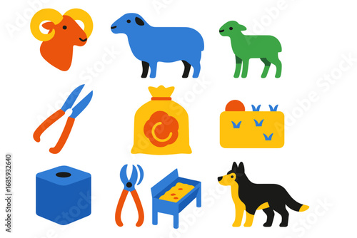 Sheep Farming Icons. Flat vector icons of sheep farming: ram, ewe, lamb, shearing tool, wool sack, grazing pasture, mineral block,