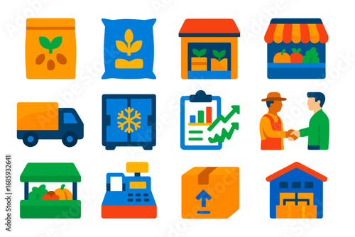 Agricultural Supply Chain Icons. Flat vector icons of agricultural supply chain: seed supplier, fertilizer bag, packaging center,