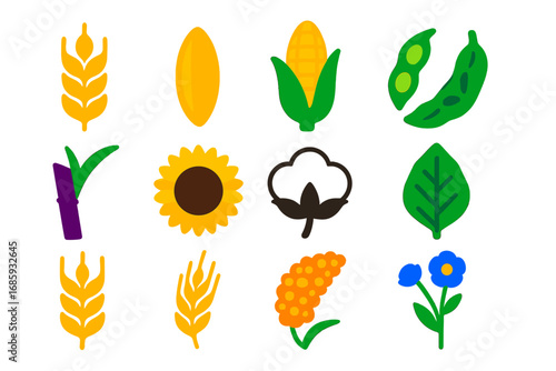 Vibrant Crop Icons. Flat vector icons of agricultural crops: wheat stalk, rice grain, corn cob, soybean pod, sugarcane stick,