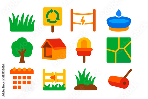 Pasture Management Icons. Flat vector icons of pasture management: grass field, rotational grazing sign, electric fence, watering