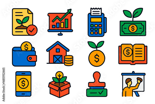 Agricultural Finance Icons. Flat vector icons of agricultural financing: crop loan document, investment chart, payment terminal,
