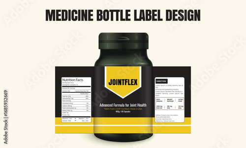 Black and yellow medicine bottle label design for a joint health supplement, featuring nutrition facts, directions, and bold branding layout.