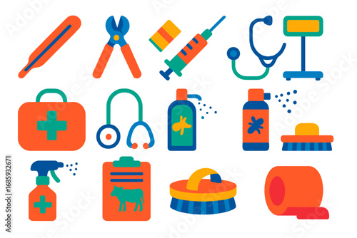 Livestock Care Icons. Flat vector icons of livestock health and care: thermometer, hoof trimmer, deworming paste, vaccination