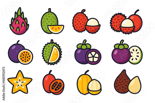 Exotic Crop Icons. Flat vector icons of exotic crops: dragon fruit, jackfruit, lychee, rambutan, passion fruit, durian, mangosteen