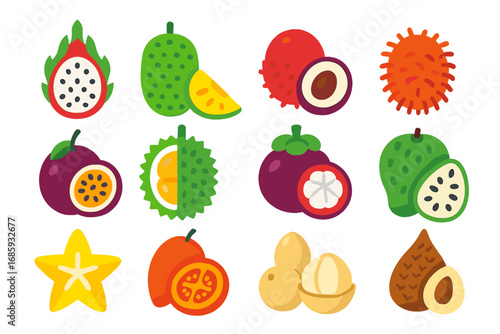 Exotic Crop Icons. Flat vector icons of exotic crops: dragon fruit, jackfruit, lychee, rambutan, passion fruit, durian, mangosteen