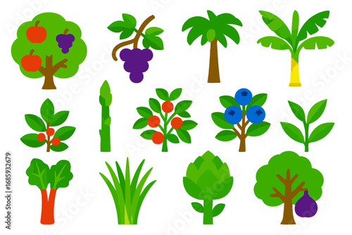 Vibrant Crop Icons. Flat vector icons of perennial crops: apple tree, grapevine, olive tree, banana plant, asparagus sprout,