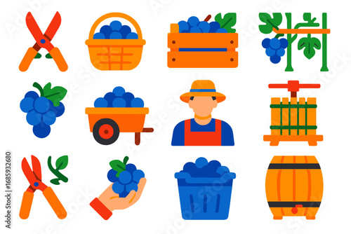 Vineyard Harvest Icons. Flat vector icons of vineyard harvest: grape shears, basket of grapes, vineyard crate, grapevine trellis,