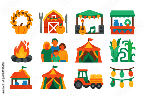 Harvest Festivity Icons. Flat vector icons of harvest workers: farmer with crate, picker with hat, worker with gloves, orchard