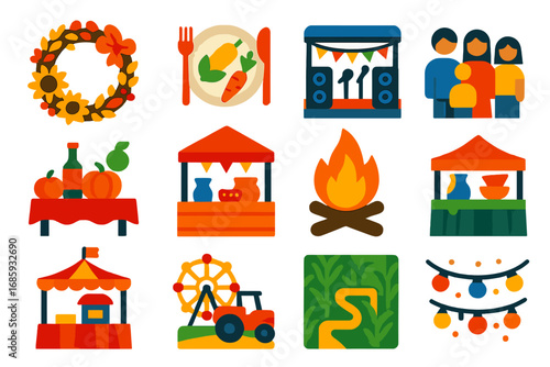 Harvest Festivity Icons. Flat vector icons of harvest celebration: harvest wreath, farm-to-table plate, decorated barn, music