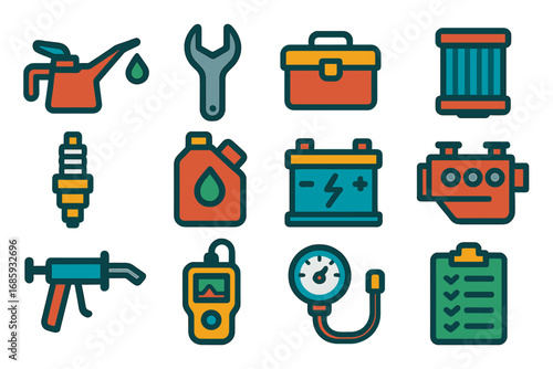 Tractor Maintenance Icons. Flat vector icons of tractor maintenance: oil can, wrench, toolbox, air filter, spark plug, fuel tank,