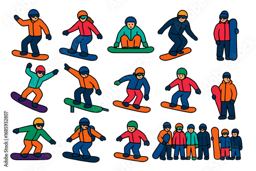 Snowboarder Icons Collection. Flat vector icons of snowboarders: male snowboarder, female snowboarder, beginner rider, expert