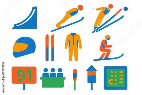 Ski Jumping Icons. Flat vector icons of ski jumping: jump ramp, takeoff icon, skier in air, ski suit, aerodynamic helmet, jump