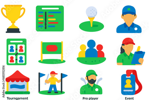 Golf Tournament Icons. Flat vector icons of golf tournaments: tournament trophy, leaderboard, starting tee, official referee,