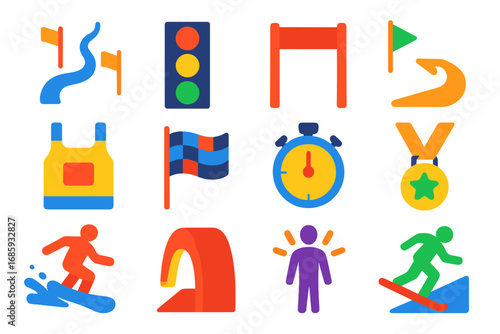 Snowboard Race Icons. Flat vector icons of snowboard race events: boardercross track, timing light, start gate, sharp turn icon,