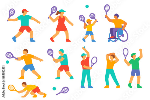 Tennis Icons Collection. labelsFlat vector icons of tennis players: male player, female player, junior player, wheelchair player,