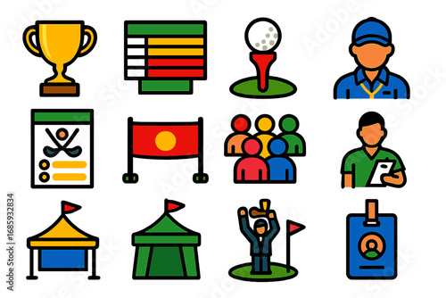 Golf Tournament Icons. Flat vector icons of golf tournaments: tournament trophy, leaderboard, starting tee, official referee,