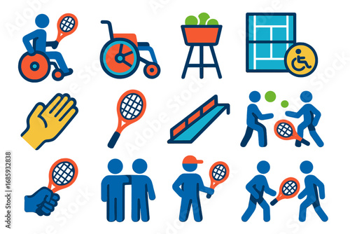 Adaptive Tennis Icons. Flat vector icons of adaptive tennis: wheelchair tennis player, sport wheelchair, tennis ball basket,