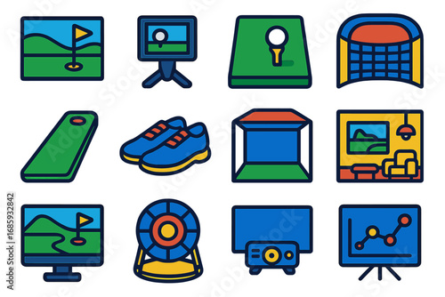 Indoor Golf Icons. Flat vector icons of indoor golf: golf simulator screen, launch monitor, turf mat, net enclosure, putting mat,